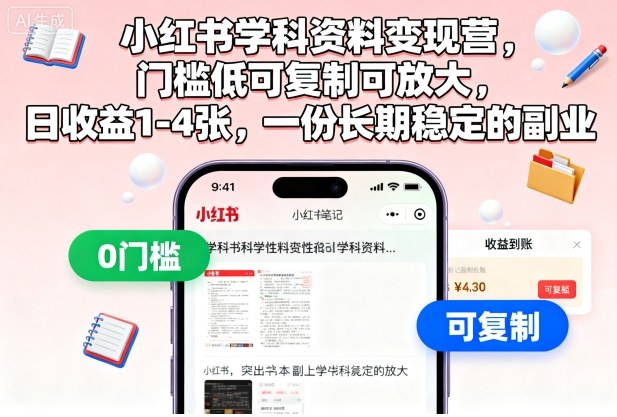 小红书学科资料变现营，门槛低可复制可放大，日收益1-4张，一份长期稳定的副业-鸿雁学习网