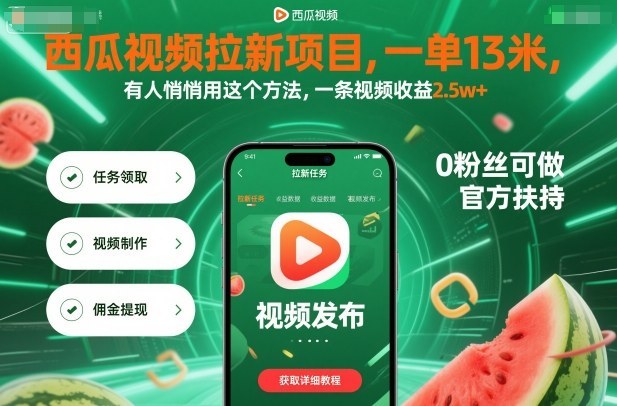 西瓜视频拉新项目，一单13米，有人悄悄用这个方法，一条视频收益2.5w+(附详细教程)-鸿雁学习网