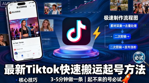 最新Tiktok快速搬运快速起号方法，3-5分钟做一条，起不来的号可以试试-鸿雁学习网