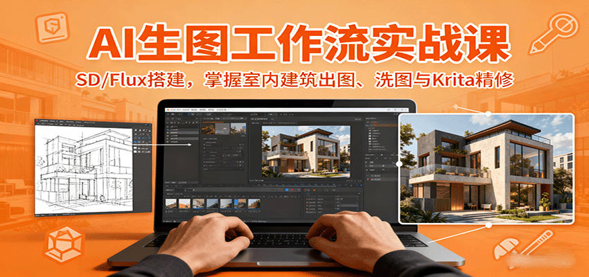 AI生图工作流实战课：SD/Flux搭建，掌握室内建筑出图、洗图与Krita精修-鸿雁学习网