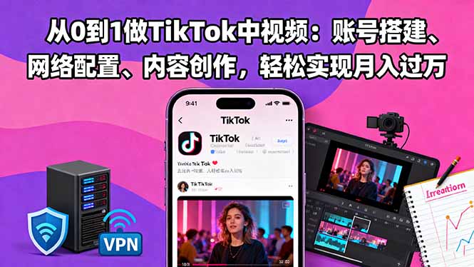 从0到1做TikTok中视频：账号搭建、网络配置、内容创作，轻松实现月入过万-鸿雁学习网