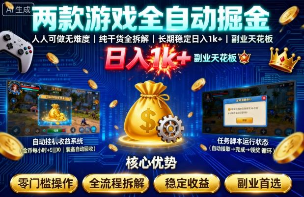 两款游戏全自动掘金，人人可做无难度，纯干货全拆解，长期稳定，日入1k+，副业天花板【揭秘】-鸿雁学习网