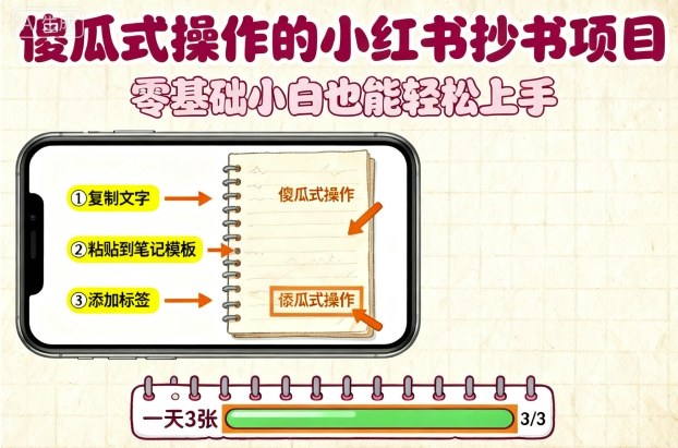 傻瓜式操作的小红书抄书项目，会复制粘贴就行，零基础小白也能一天3张-鸿雁学习网