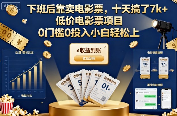 下班后靠卖电影票，十天搞了7k+，低价电影票项目，0门槛0投入小白轻松上手【揭秘】-鸿雁学习网