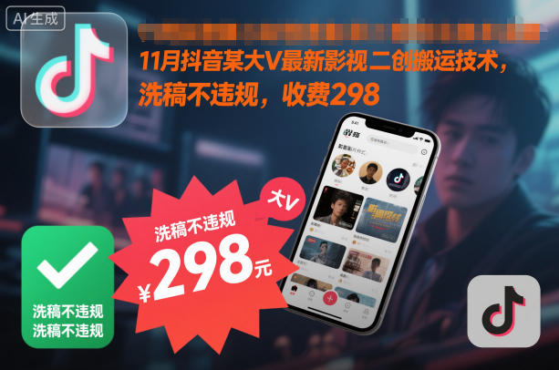 11月抖音某大V最新影视二创搬运技术，洗稿不违规，收费298-鸿雁学习网