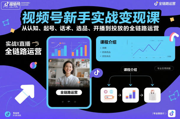 视频号新手实战变现课，从认知、起号、话术、选品、开播到投放的全链路运营-鸿雁学习网