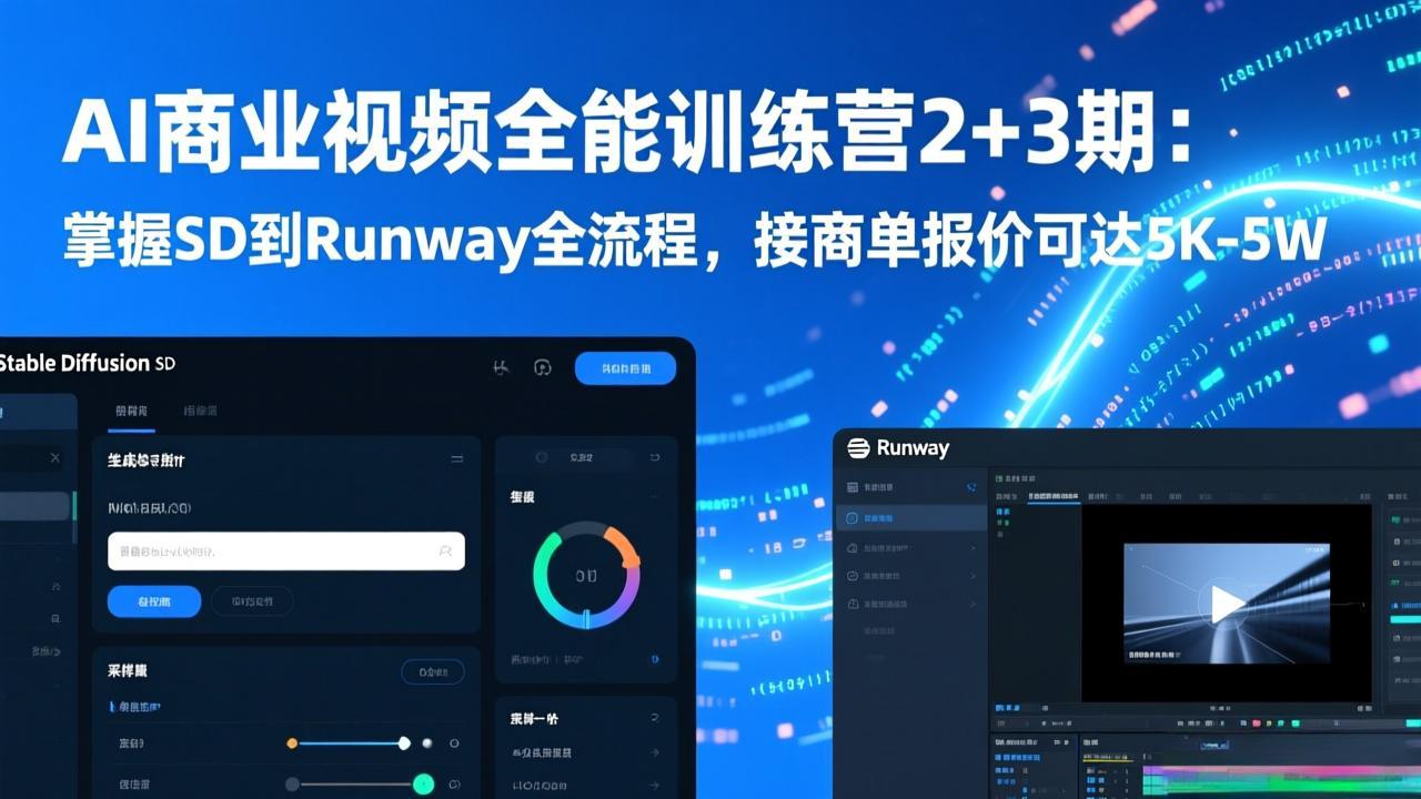 AI商业视频全能训练营2+3期：掌握SD到Runway全流程，接商单报价可达5K-5W-鸿雁学习网