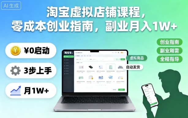 淘宝虚拟店铺课程，零成本创业指南，副业月入1W+-鸿雁学习网