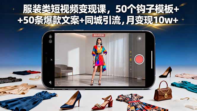 服装类短视频变现课，50个钩子模板+50条爆款文案+同城引流，月变现10w+-鸿雁学习网