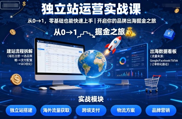 独立站运营实战课，从0到1，零基础也能快速上手，开启你的品牌出海掘金之旅-鸿雁学习网