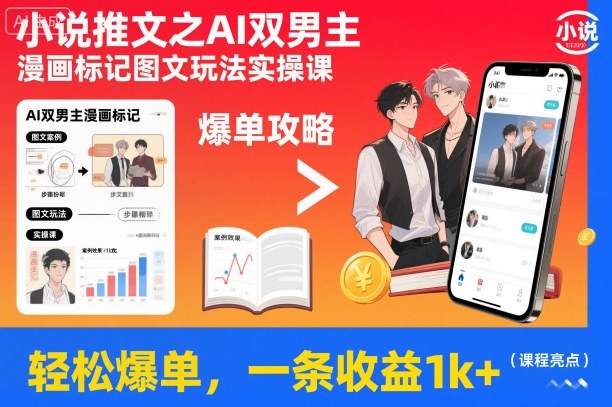 小说推文之AI双男主漫画标记图文玩法实操课,轻松爆单,一条收益1k+-鸿雁学习网