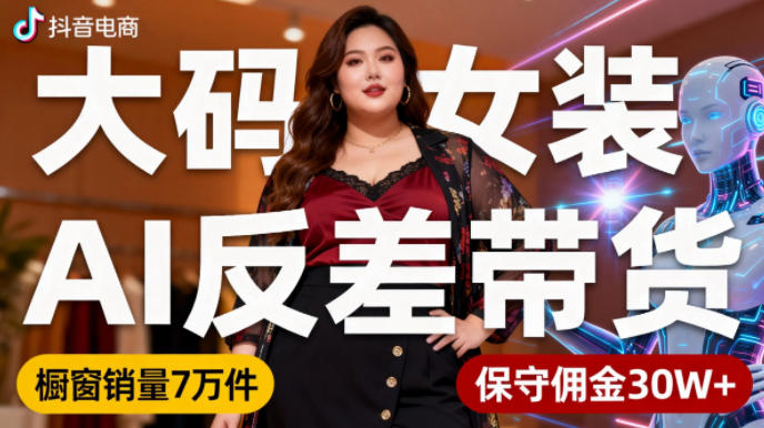 抖音小众赛道，大码女装AI反差带货，不用直播，每天6条作品，橱窗卖7万件，保守佣金30W+-鸿雁学习网