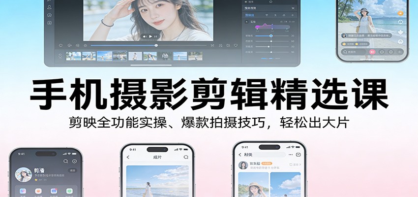 手机摄影剪辑精选课：剪映全功能实操、爆款拍摄技巧，轻松出大片-鸿雁学习网