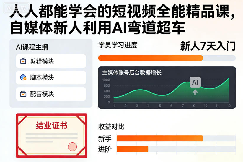 人人都能学会的短视频全能精品课，自媒体新人利用AI弯道超车-鸿雁学习网