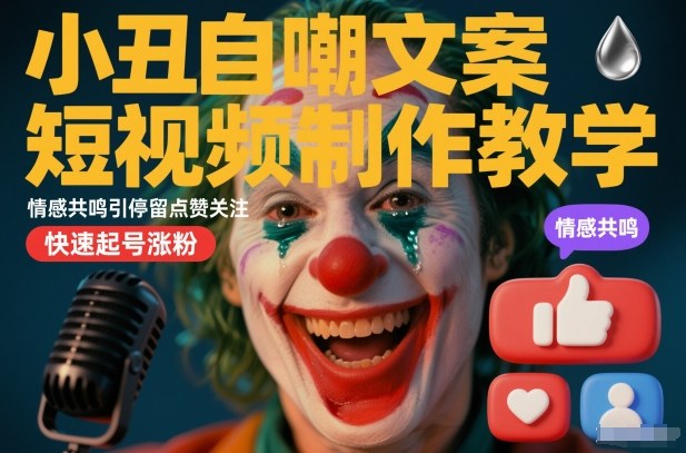 小丑自嘲文案短视频制作教学，情感共鸣引停留点赞关注，快速起号涨粉-鸿雁学习网