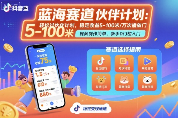 抖音蓝海赛道，轻松过伙伴计划，视频制作简单，万次播放收益在5-100米，稳定收益-鸿雁学习网