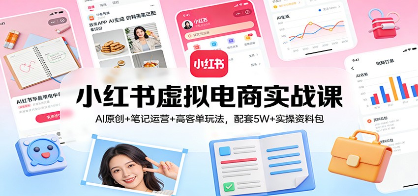 小红书虚拟电商实战课：AI原创+笔记运营+高客单玩法，配套5W+实操资料包-鸿雁学习网