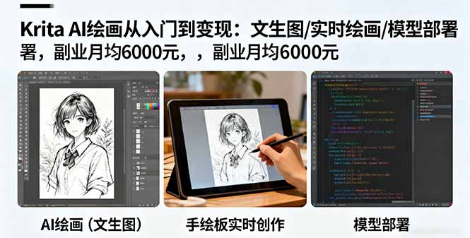 Krita AI绘画从入门到变现：文生图/实时绘画/模型部署，副业月均6000元-鸿雁学习网