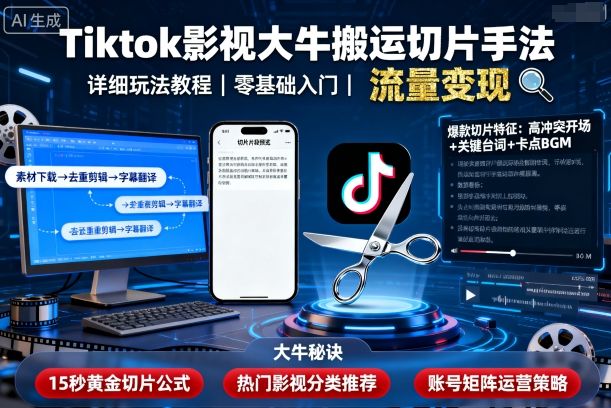 Tiktok影视大牛搬运切片手法，详细玩法教程-鸿雁学习网