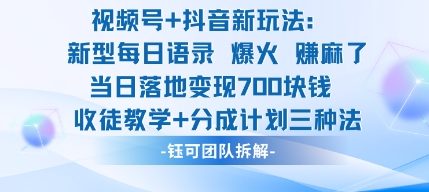 视频号加抖音新玩法：爆火新型每日语录，收徒教学加分成计划，三种变现玩法，当日变现7张-鸿雁学习网
