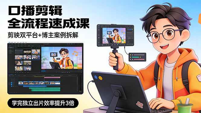（17420期）口播剪辑全流程速成课，剪映双平台+博主案例拆解，学完独立出片效率提升3倍-鸿雁学习网