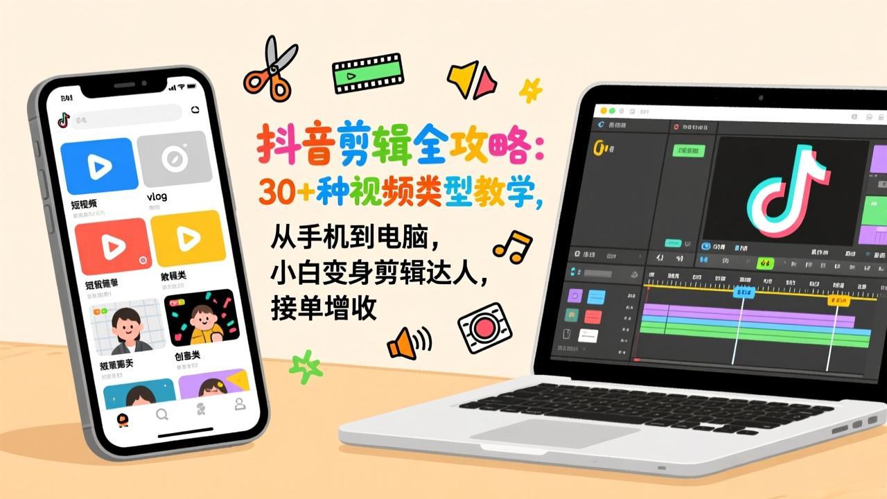 抖音剪辑全攻略：30+种视频类型教学，从手机到电脑，小白变身剪辑达人，接单增收-鸿雁学习网