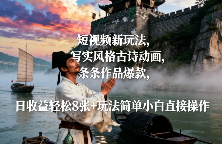 短视频新玩法，写实风格古诗动画，条条作品爆款，日收益轻松8张+玩法简单小白直接操作-鸿雁学习网