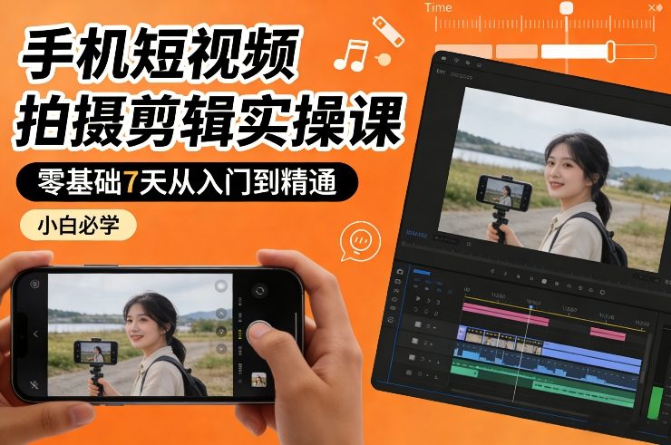 手机短视频拍摄剪辑实操课，零基础7天从入门到精通，小白必学-鸿雁学习网