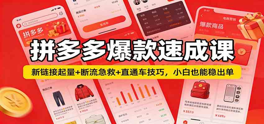 拼多多爆款速成课：新链接起量+断流急救+直通车技巧，小白也能稳出单-鸿雁学习网