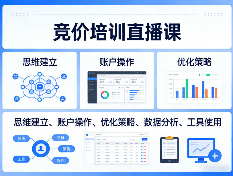 竞价培训直播课，覆盖思维建立、账户操作、优化策略、数据分析、工具使用等，全方位提升效果-鸿雁学习网