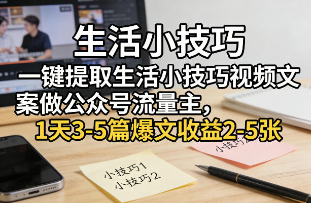 一键提取生活小技巧视频文案做公众号流量主，1天3-5篇爆文收益2-5张-鸿雁学习网