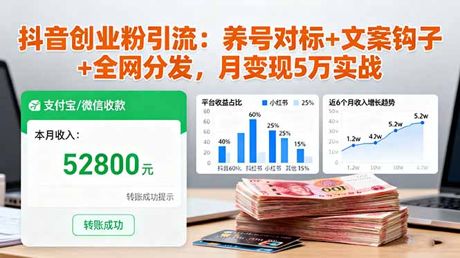 抖音创业粉引流：养号对标+文案钩子+全网分发，月变现5万实战-鸿雁学习网