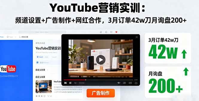 （16107期）YouTube营销实训：频道设置+广告制作+网红合作，3月订单42w刀月询盘200+-鸿雁学习网