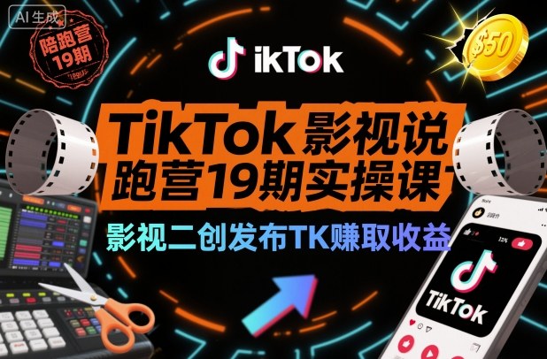 TikTok影视解说陪跑营19期实操课，影视二创发布TK賺取收益，万播收益50美金-鸿雁学习网