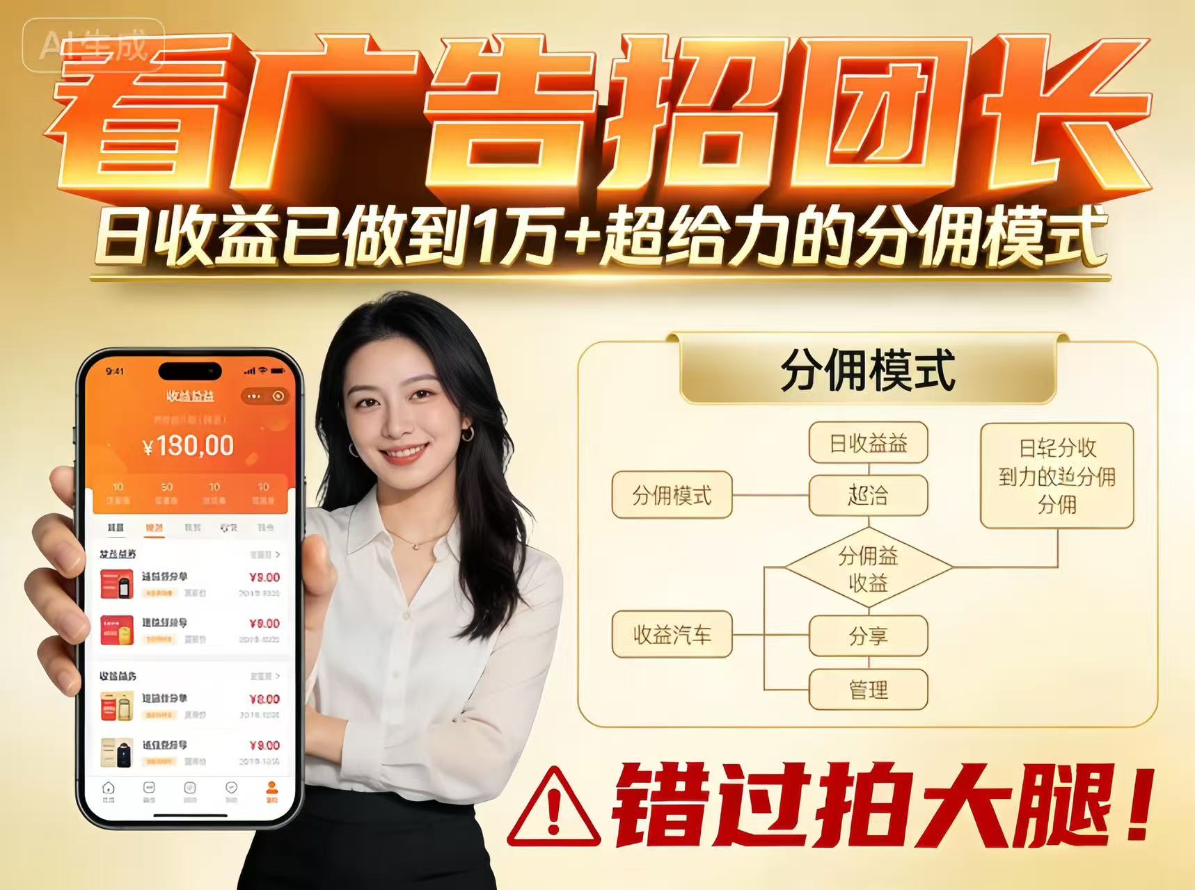 看广告招团长，团队收益已做到日入1万，分佣模式超给力，错过拍大腿-鸿雁学习网