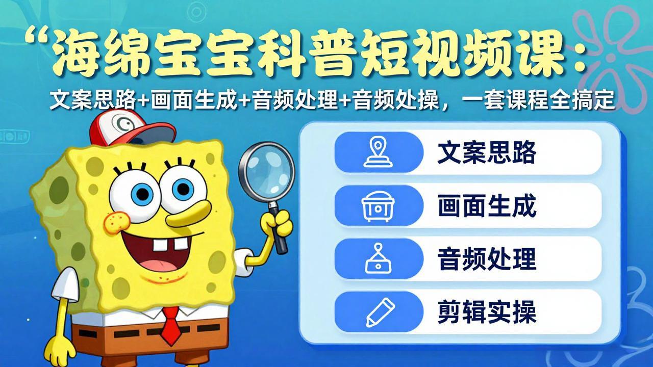 海绵宝宝科普短视频课：文案思路+画面生成+音频处理+剪辑实操，一套课程全搞定-鸿雁学习网