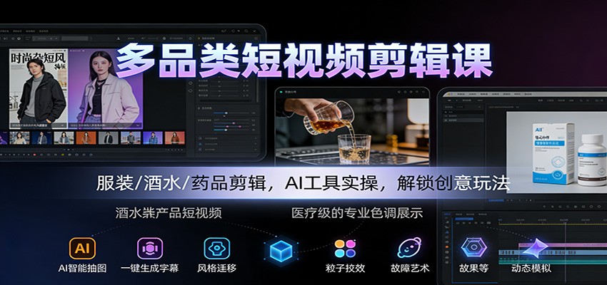 多品类短视频剪辑课：服装/酒水/药品剪辑，AI工具实操，解锁创意玩法-鸿雁学习网