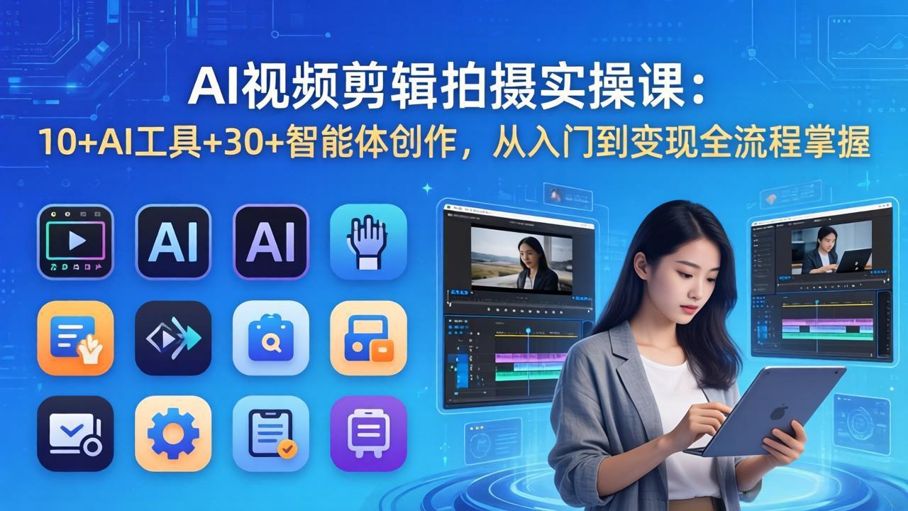 AI 视频剪辑拍摄实操课：10+AI工具+30+智能体创作，从入门到变现全流程掌握-鸿雁学习网