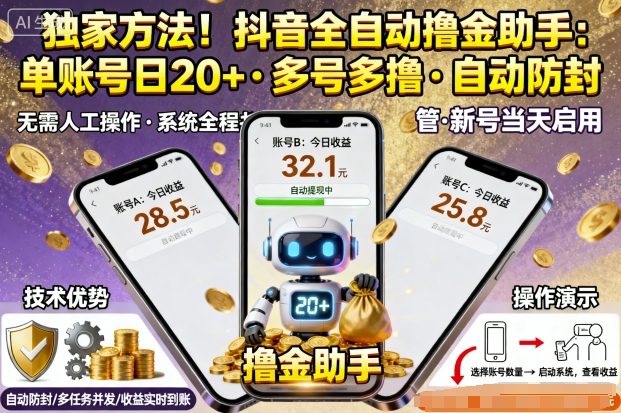 独家方法！最新抖音系列全自动挂G撸金助手，单账号一天20+，多号多撸，自动防封【揭秘】-鸿雁学习网